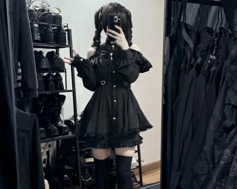 Gothic Lolita Ruffled Button-Up Dress with Attached Shorts - 4 Gothic Lolita Ruffled Button-Up Dress with Attached Shorts - 4