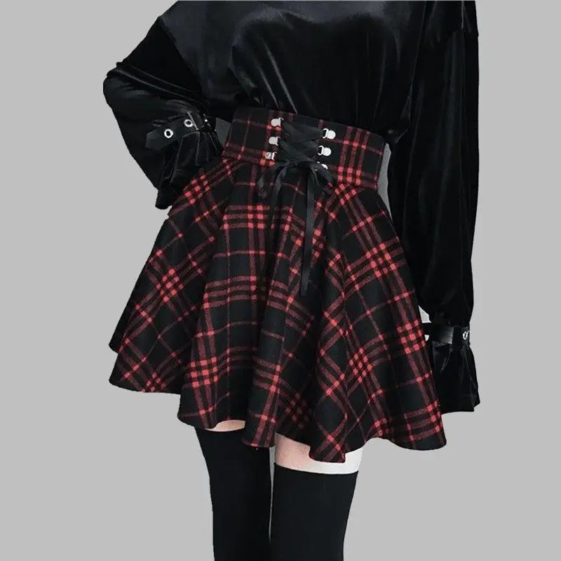 Punk Grunge Lace-Up Plaid Mini Skirt - 7