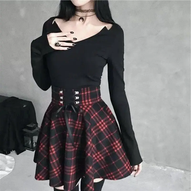 Punk Grunge Lace-Up Plaid Mini Skirt - 6