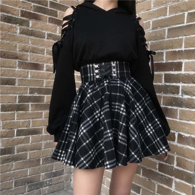 Punk Grunge Lace-Up Plaid Mini Skirt - 2