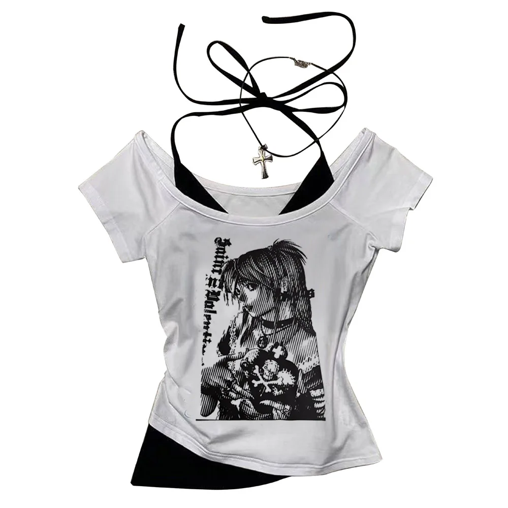 E-Girl Scene Emo Graphic Off-Shoulder Top - 2 E-Girl Scene Emo Graphic Off-Shoulder Top - 2