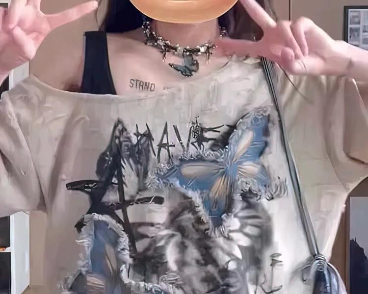 Grunge Fairy Kei Distressed Graphic Off-Shoulder Top - 5 Grunge Fairy Kei Distressed Graphic Off-Shoulder Top - 5