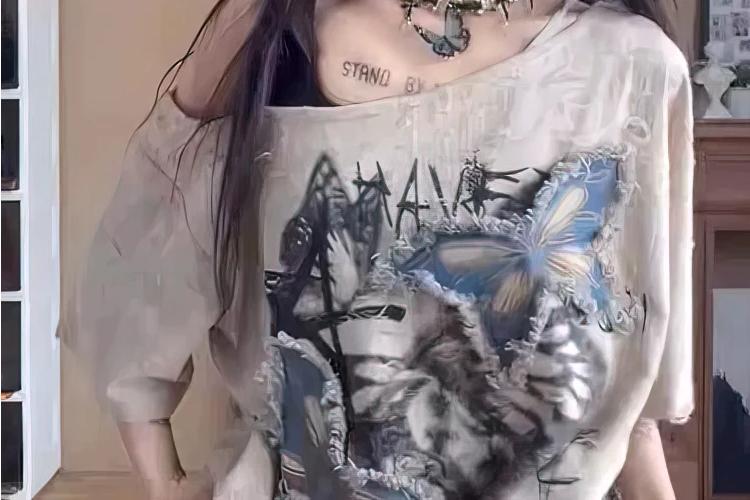 Grunge Fairy Kei Distressed Graphic Off-Shoulder Top - 6 Grunge Fairy Kei Distressed Graphic Off-Shoulder Top - 6