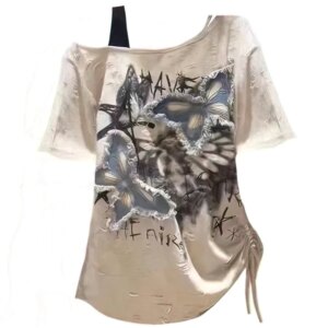 Grunge Fairy Kei Distressed Graphic Off-Shoulder Top