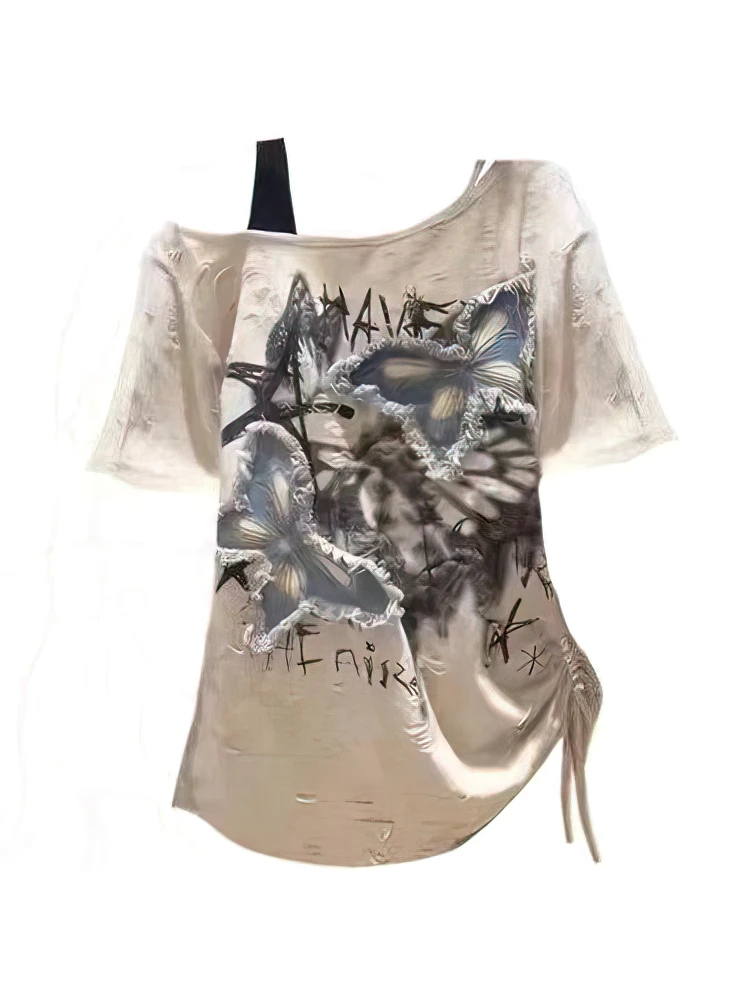 Grunge Fairy Kei Distressed Graphic Off-Shoulder Top - 1 Grunge Fairy Kei Distressed Graphic Off-Shoulder Top - 1